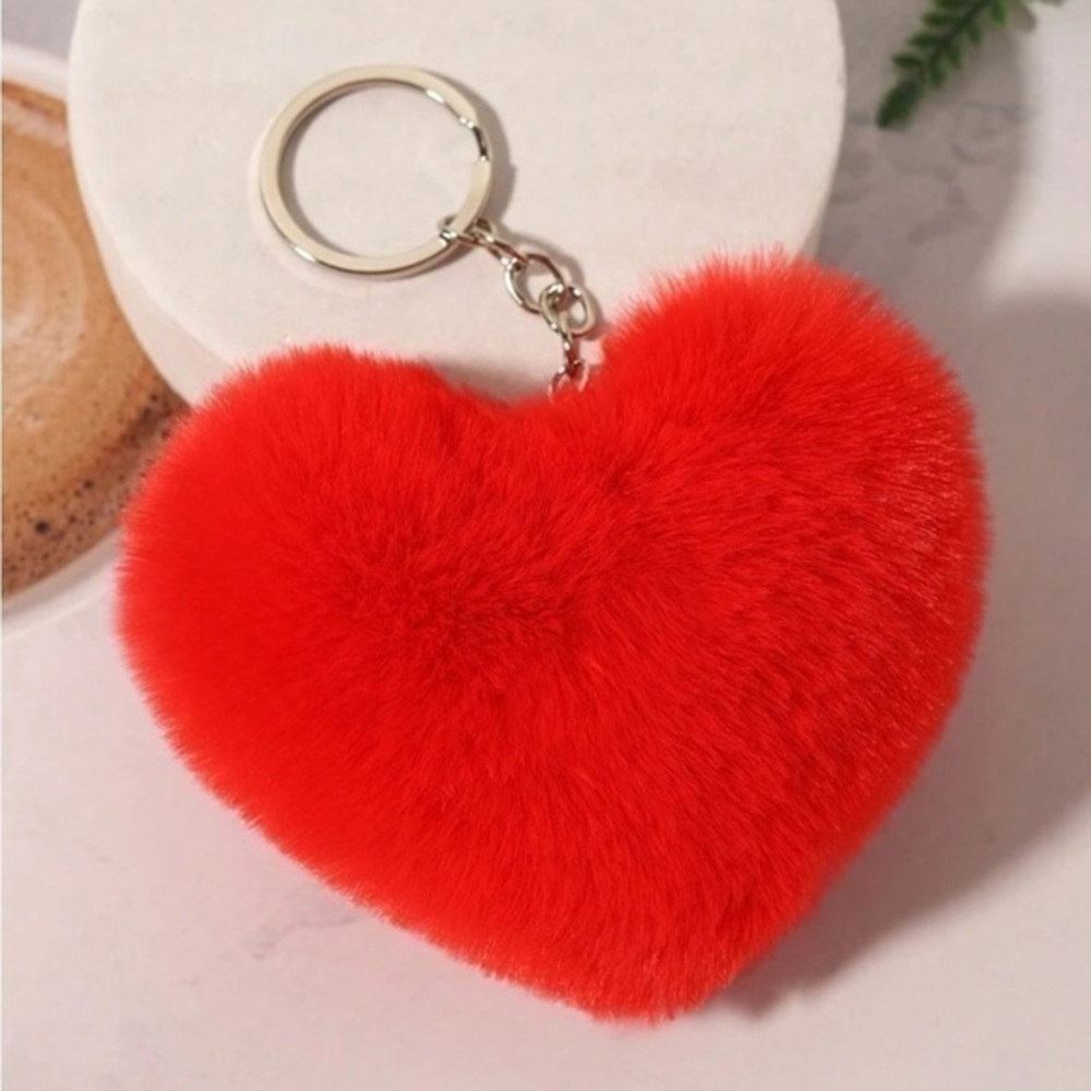 Fluffy Red Heart Keychain Keyring Stocking Stuffer